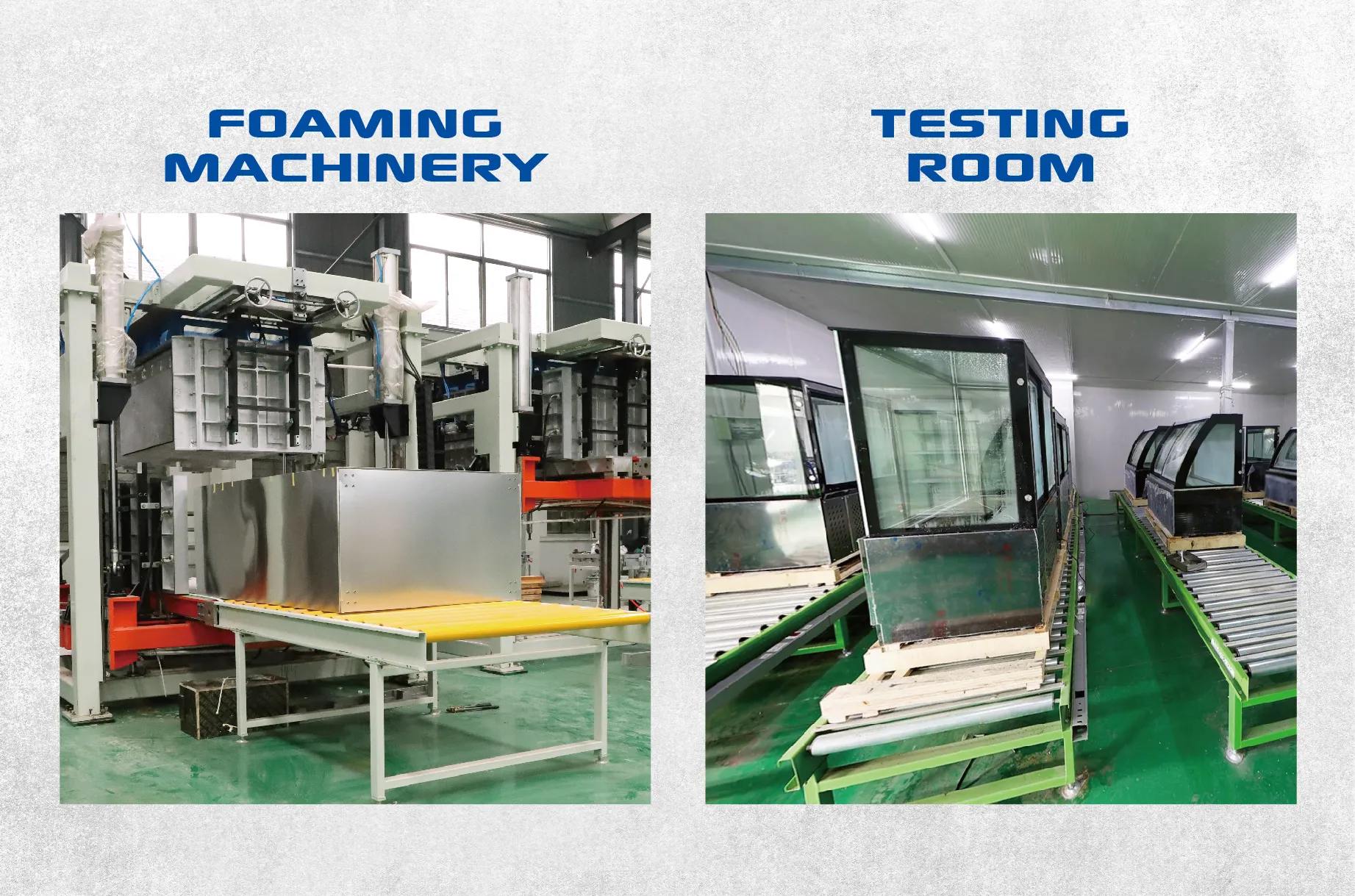 Two sections of Skadi's manufacturing process: foaming machinery on the left, used for insulation of refrigeration units, and a testing room on the right where completed units undergo quality assurance tests.