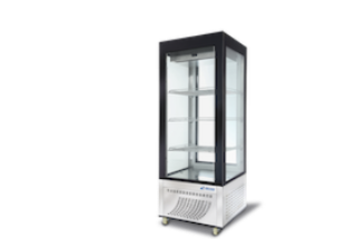 A tall, glass-fronted refrigerated display case by Skadi, with multiple shelves for product display, designed for commercial cooling applications.